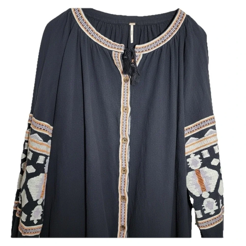 Free People High Low Caftan Dress w Embroidery Button Down Dress‎ Tunic Sz L